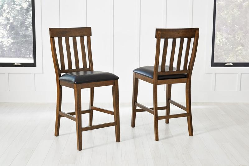 Mariposa Slatback Counter Chair, with Upholstered Seat, Rustic Whiskey Finish