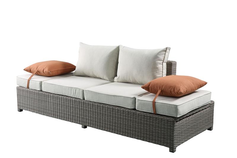 Salena Beige Fabric & Gray Wicker Patio Sofa W/2 Pillows & Ottoman