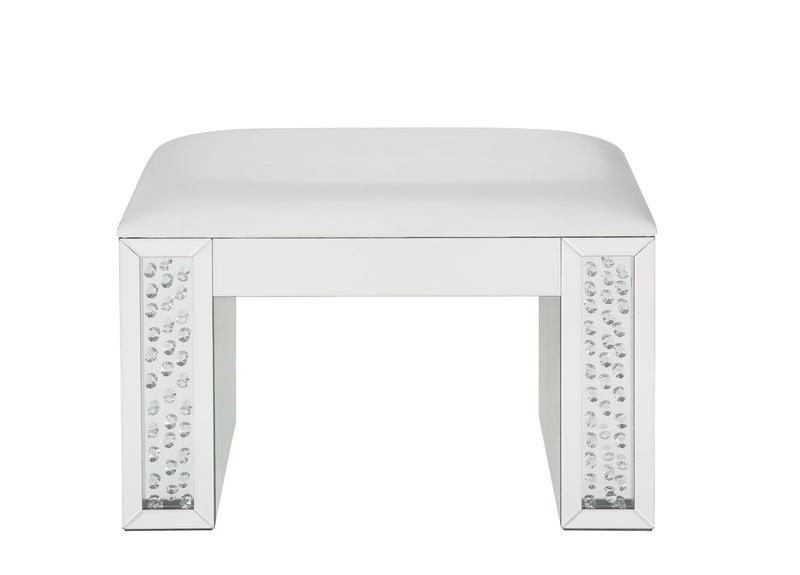 Nysa Ivory Synthetic Leather, Mirrored & Faux Crystals Vanity Stool
