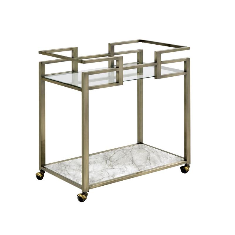 Neilo Clear Glass, Faux Marble Top & Wire Brass Finish Serving Cart