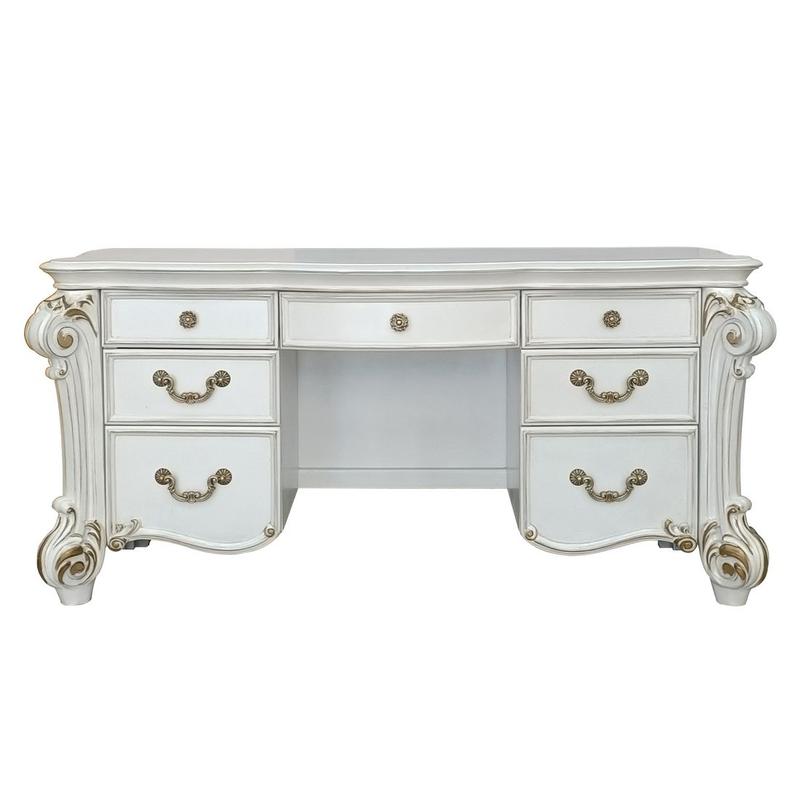 Vendome Beige Synthetic Leather & Antique Silver Finish Vanity Desk