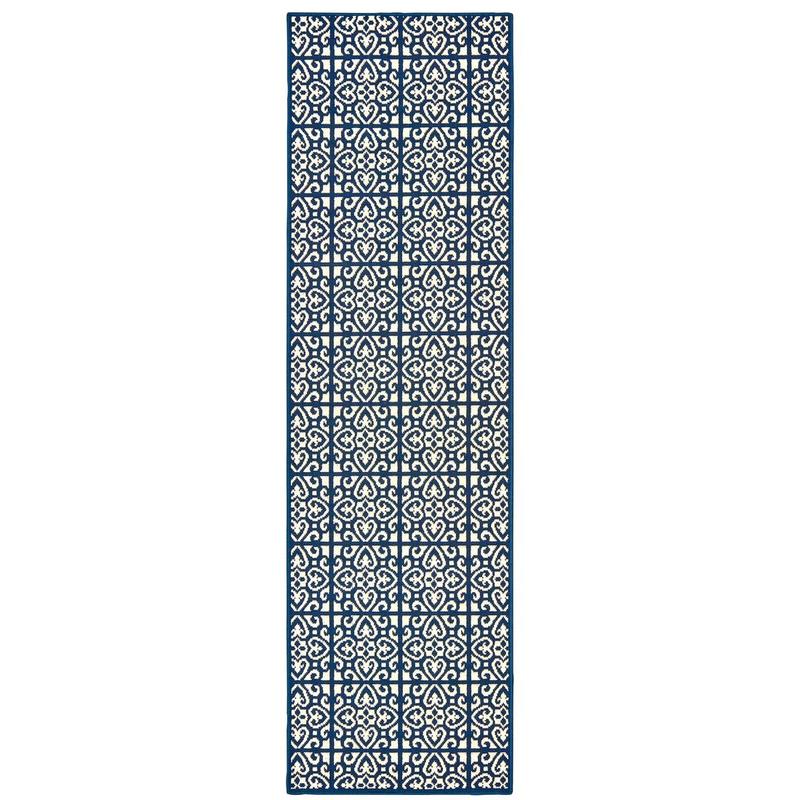 Marina 5927B Ivory/ Navy Indoor/Outdoor Area Rug - 2'3" x 7'6"