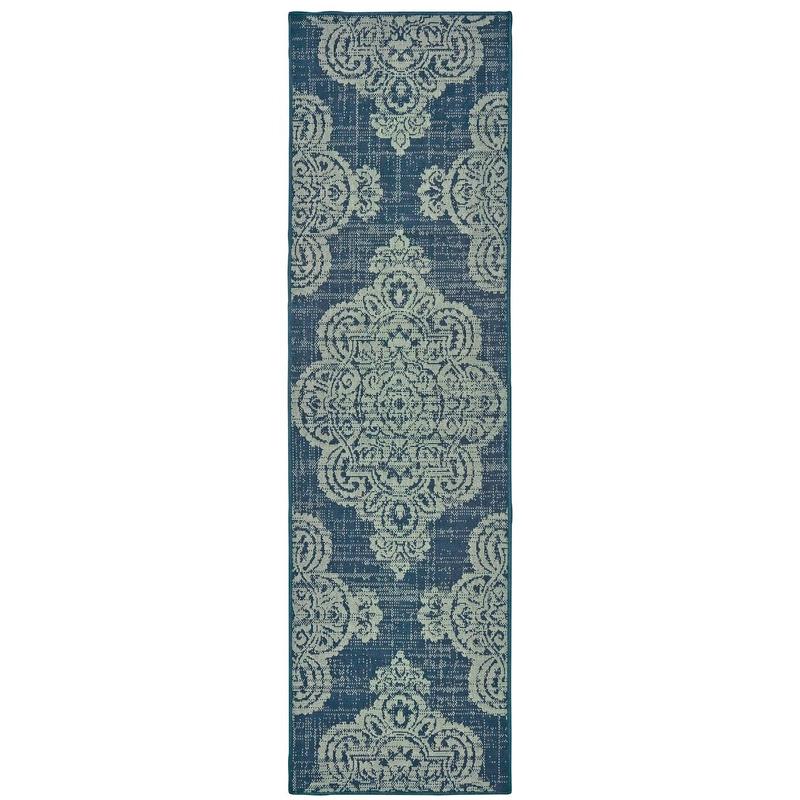 Marina 5929B Navy/ Grey Indoor/Outdoor Area Rug - 2'3" x 7'6"