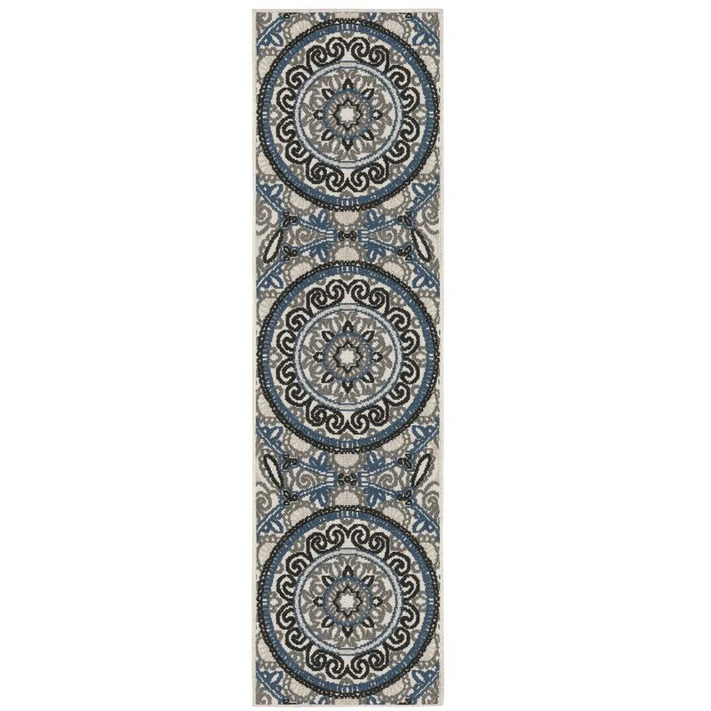 Torrey 072J1 Light Grey/ Blue Indoor/Outdoor Area Rug - 1'10" x 7'3"